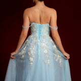 Sparkling blue princess dress with square bustier top with straps for Hire