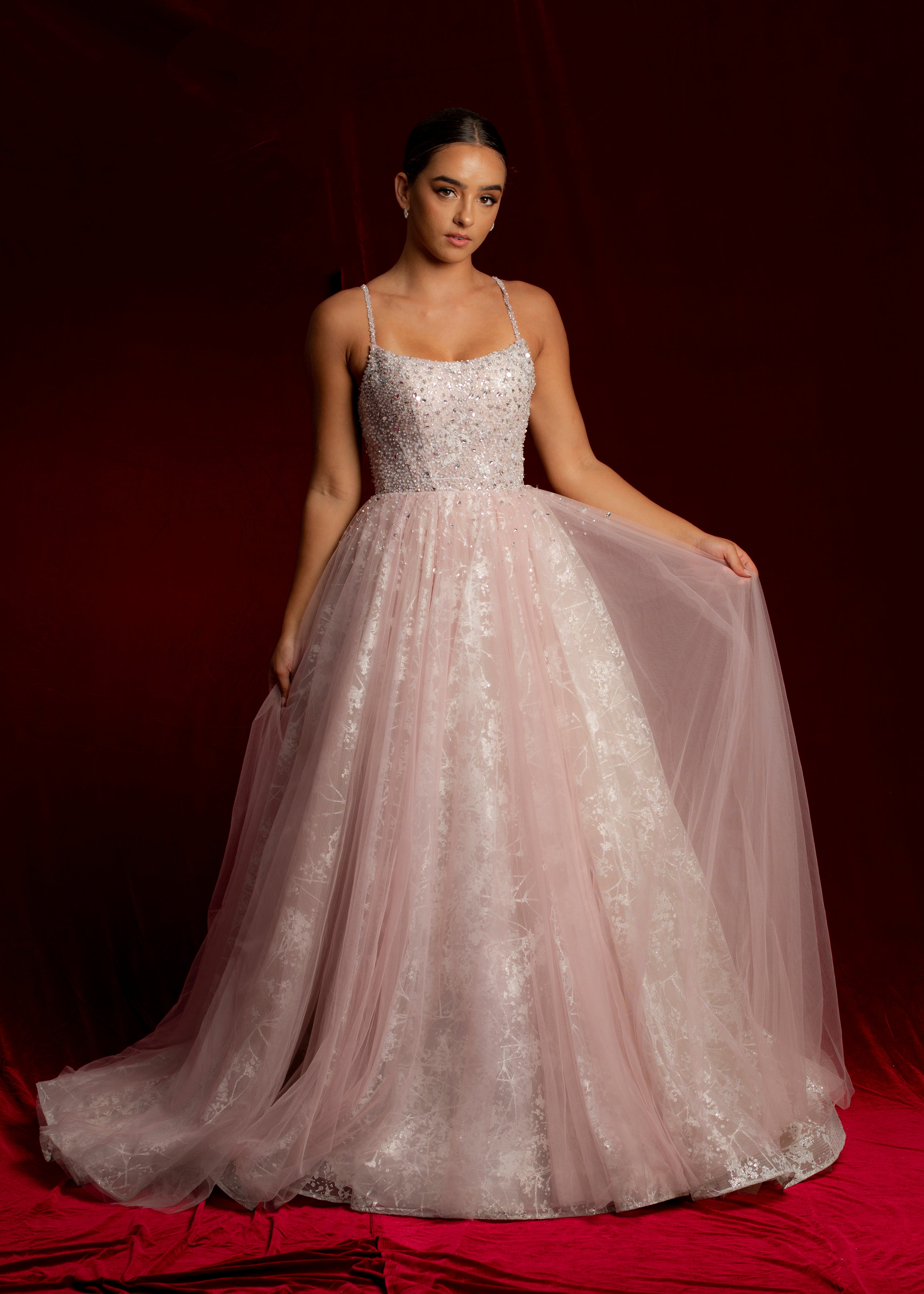 Mauve pink princess dress with crescent moon neckline and snowflake sp