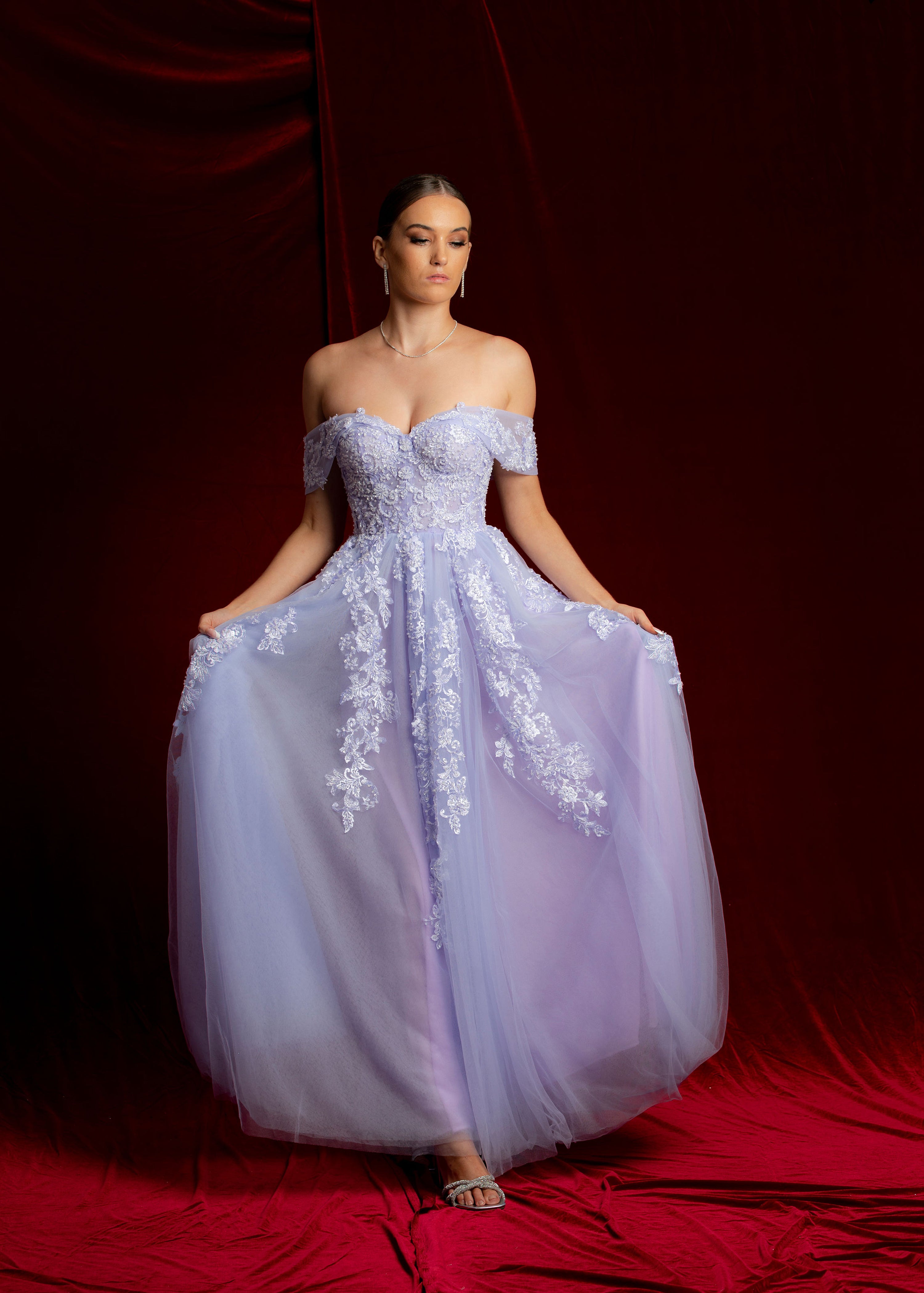 Pastel purple lace princess dress with off the shoulder sleeves Destiny Chic Pastel purple lace princess dress with off the shoulder sleeves Destiny Chic