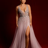 Purplish muted pink beaded tulle dress for hire