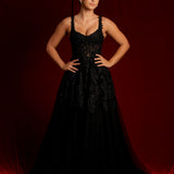 Sparkling black princess dress with square bustier top with straps
