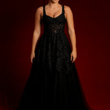 Sparkling black princess dress with square bustier top with straps for hire