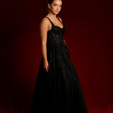 Sparkling black princess dress with square bustier top with straps for hire