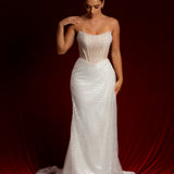 Luna Pearl white and sequin dress with beading all all over with a crescent moon neckline