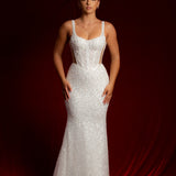 Straight neck bustier cups sparkling white lace mermaid dress with nude sides