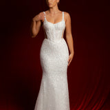 Straight neck bustier cups sparkling white lace mermaid dress with nude sides