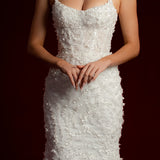 Scoop neck bustier cups sparkling white lace mermaid dress with nude sides