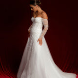 Floral lace sparkling dress Of the Shoulder Long Sleeve