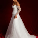 Floral lace sparkling dress Of the Shoulder Long Sleeve