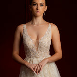 Champagne v-neck beaded lace princess dress for hire