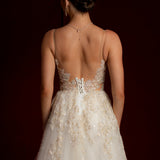 Champagne v-neck beaded lace princess dress for hire