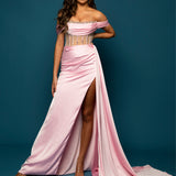 Baby pink satin column dress with off the shoulder and high slit