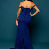 Sparkling jersey royal blue column shaped dress with crescent moon neckline and high slit