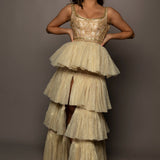 Sparkling gold tiered column dress with high slit