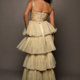 Sparkling gold tiered column dress with high slit