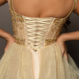 Sparkling gold tiered column dress with high slit