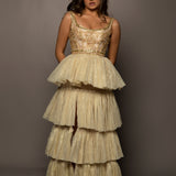 Sparkling gold tiered column dress with high slit