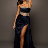 Navy blue satin column dress with 2 sparkling angle straps and high slit