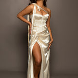 Champagne satin with bustier top and ruching along with a high slit for hire