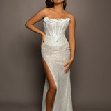 Sparkling white sequence and beading all over column dress with 3D flowers for hire