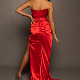 Daphne bright red deep Vneck strapless draped satin dress