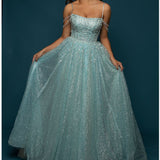 Sparkling baby blue princess dress with crescent moon neckline and crystal off the shoulders for hire
