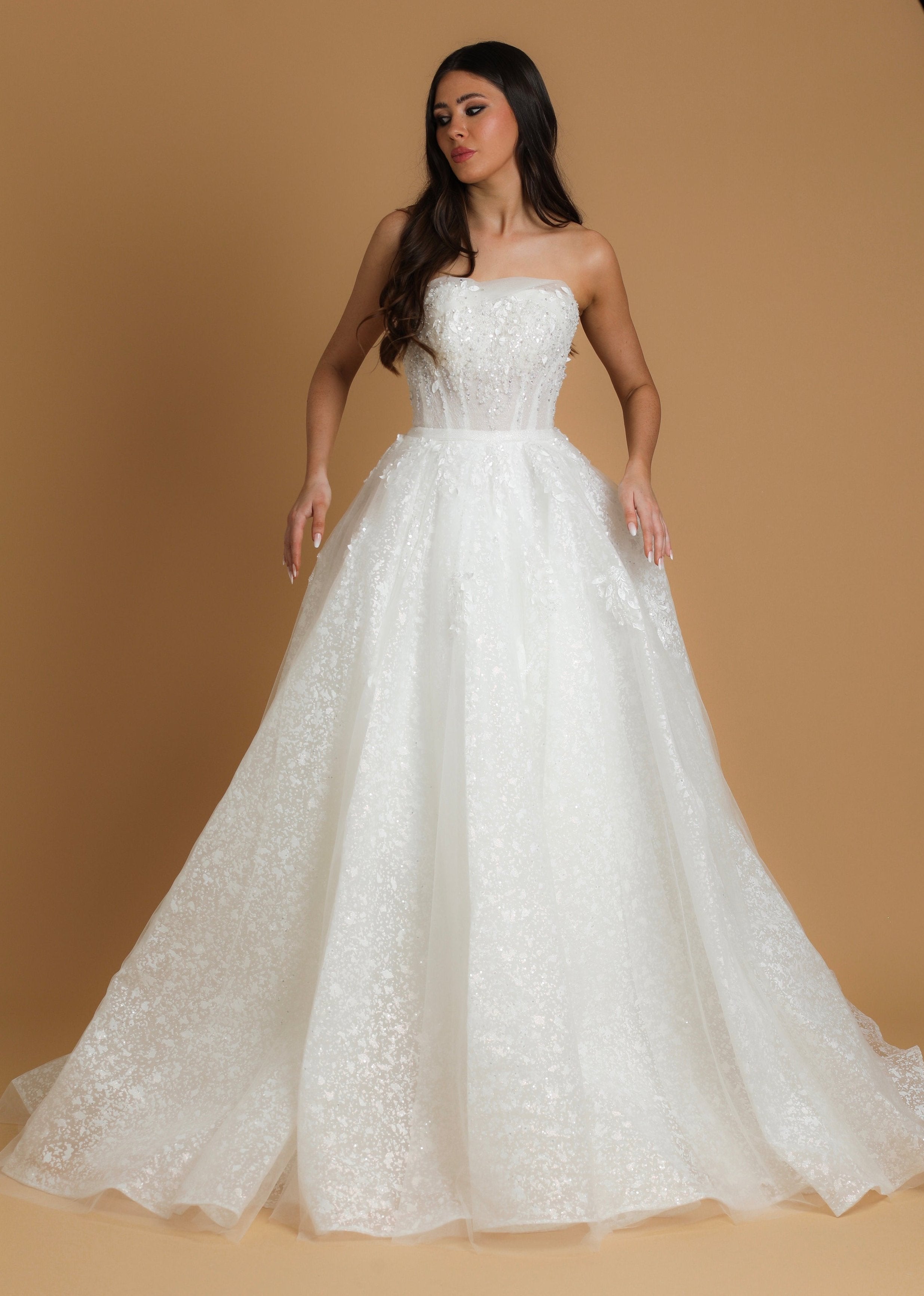 Sparkling strapless straight cut neckline crinoline skirt wedding dres Destiny Chic Sparkling strapless straight cut neckline crinoline skirt wedding dres Destiny Chic