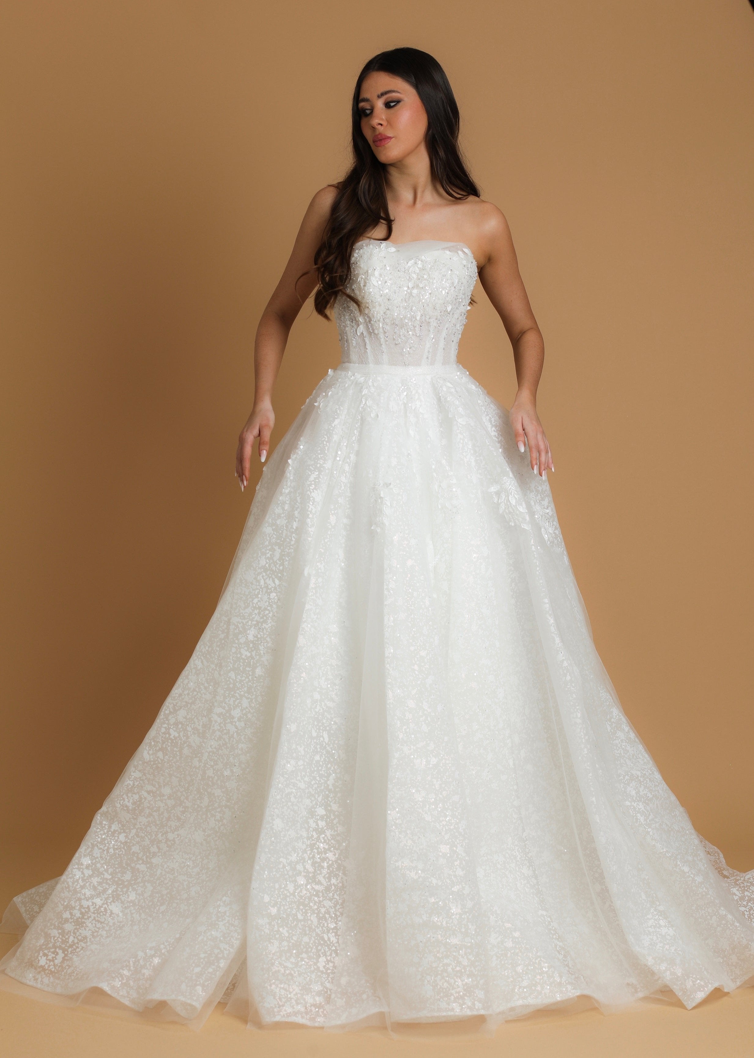 Strapless sparkling straight cut neckline crinoline skirt wedding dres