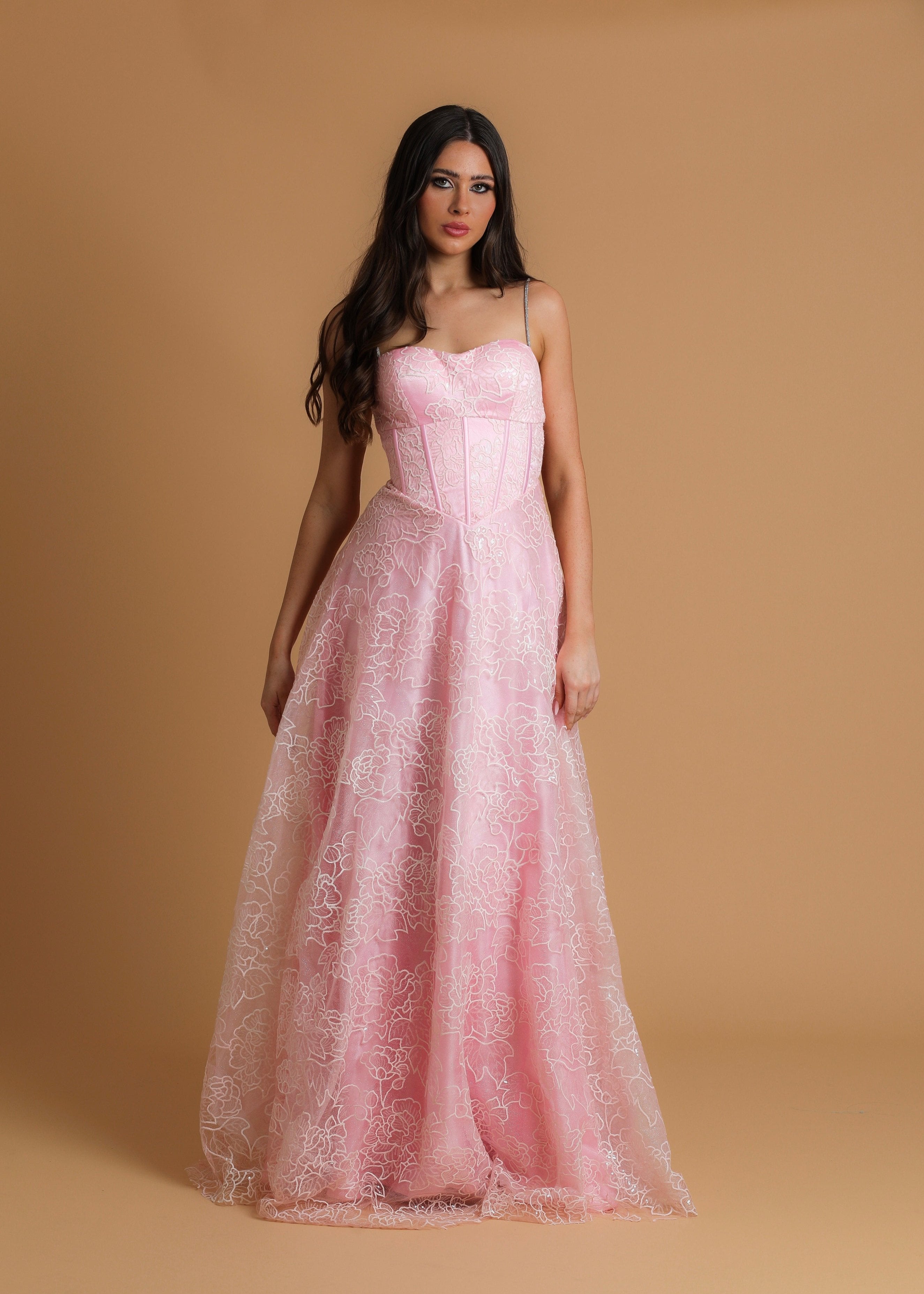 pink accent straight neck line with flowy skirt - Main Image