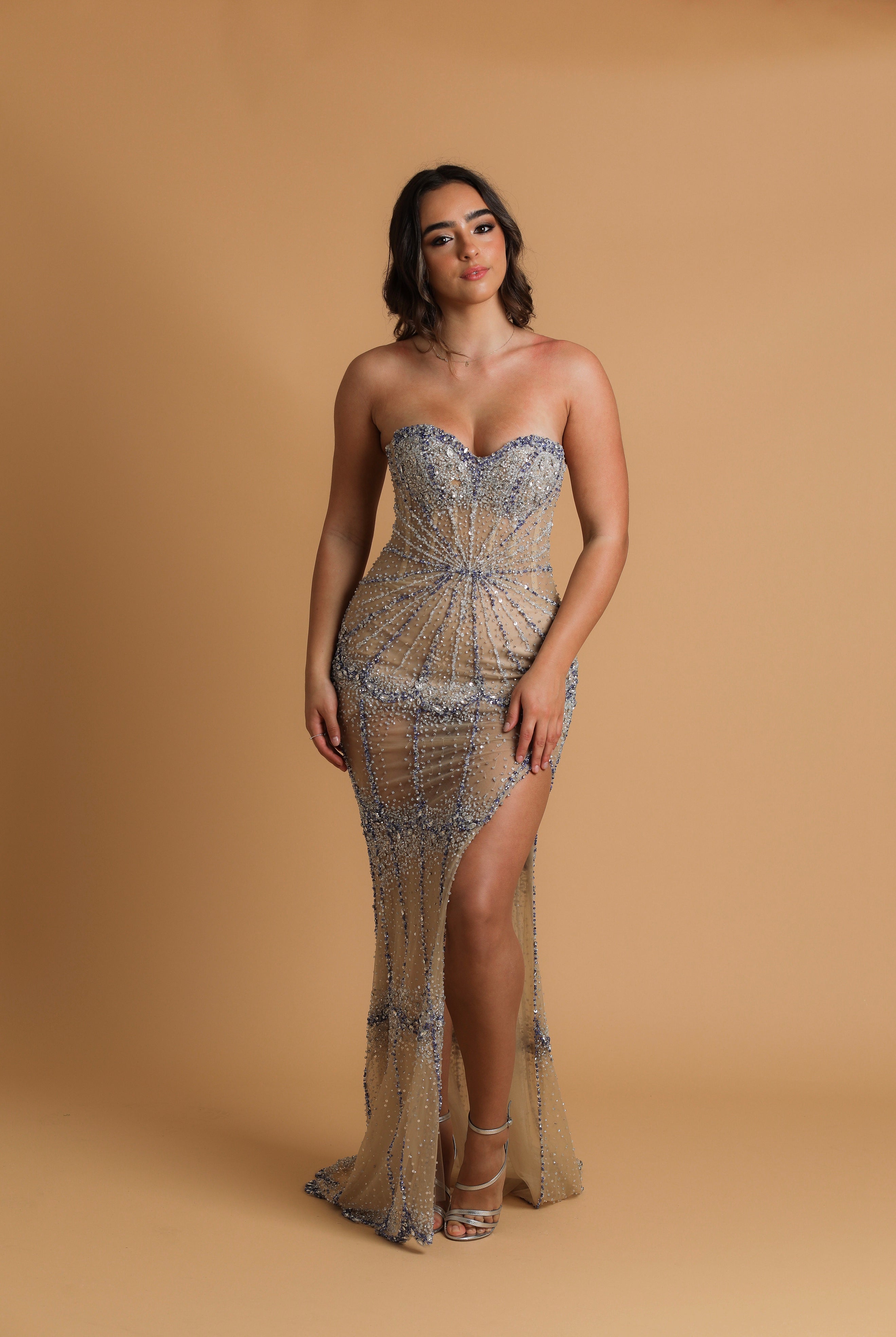 Shaquilla Nude sheer leg crystal chain dangling mermaid dress Destiny Chic Shaquilla Nude sheer leg crystal chain dangling mermaid dress Destiny Chic
