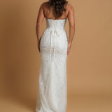 Mermaid sparkly dangling wedding dress with wavy neckline for hire