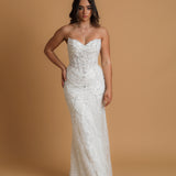 Mermaid sparkly dangling wedding dress with wavy neckline for hire