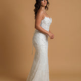 Mermaid sparkly dangling wedding dress with wavy neckline for hire