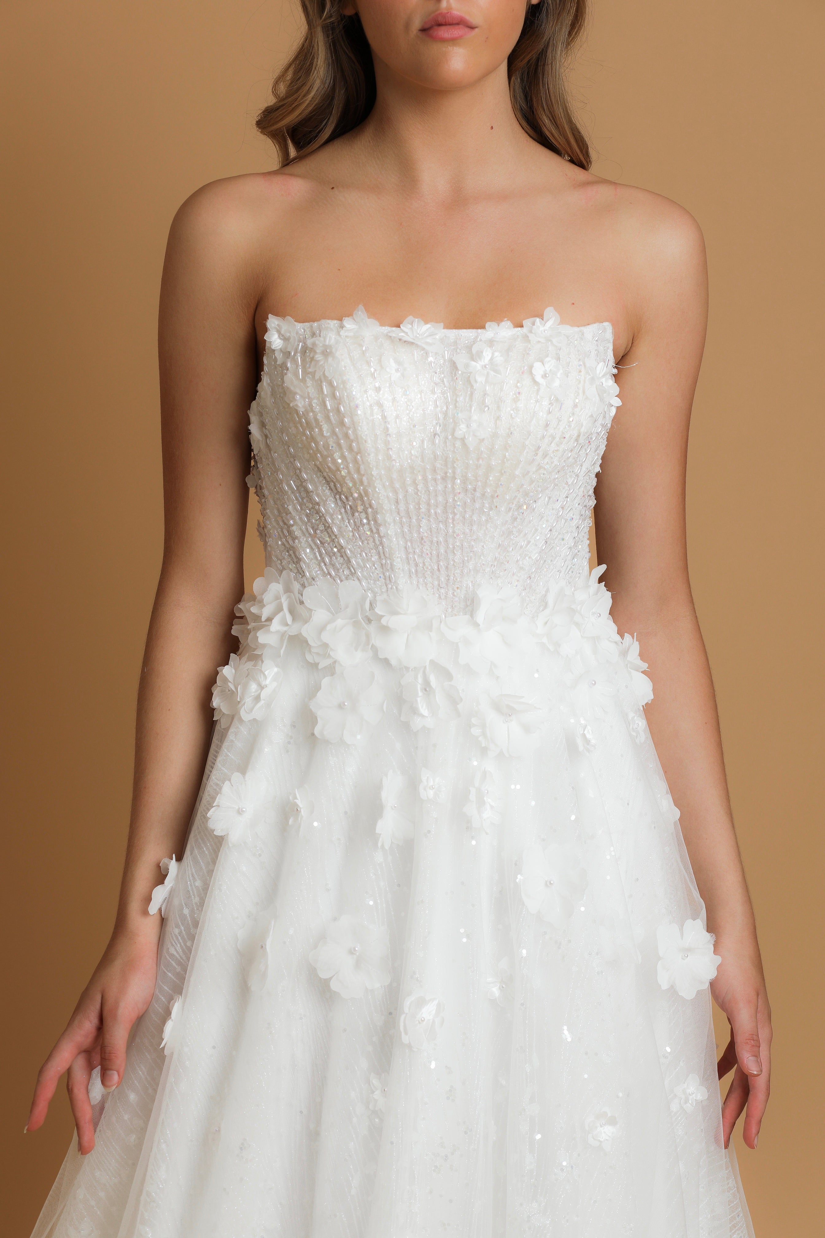 strapless corset wedding dress with flower lace detail (SALES