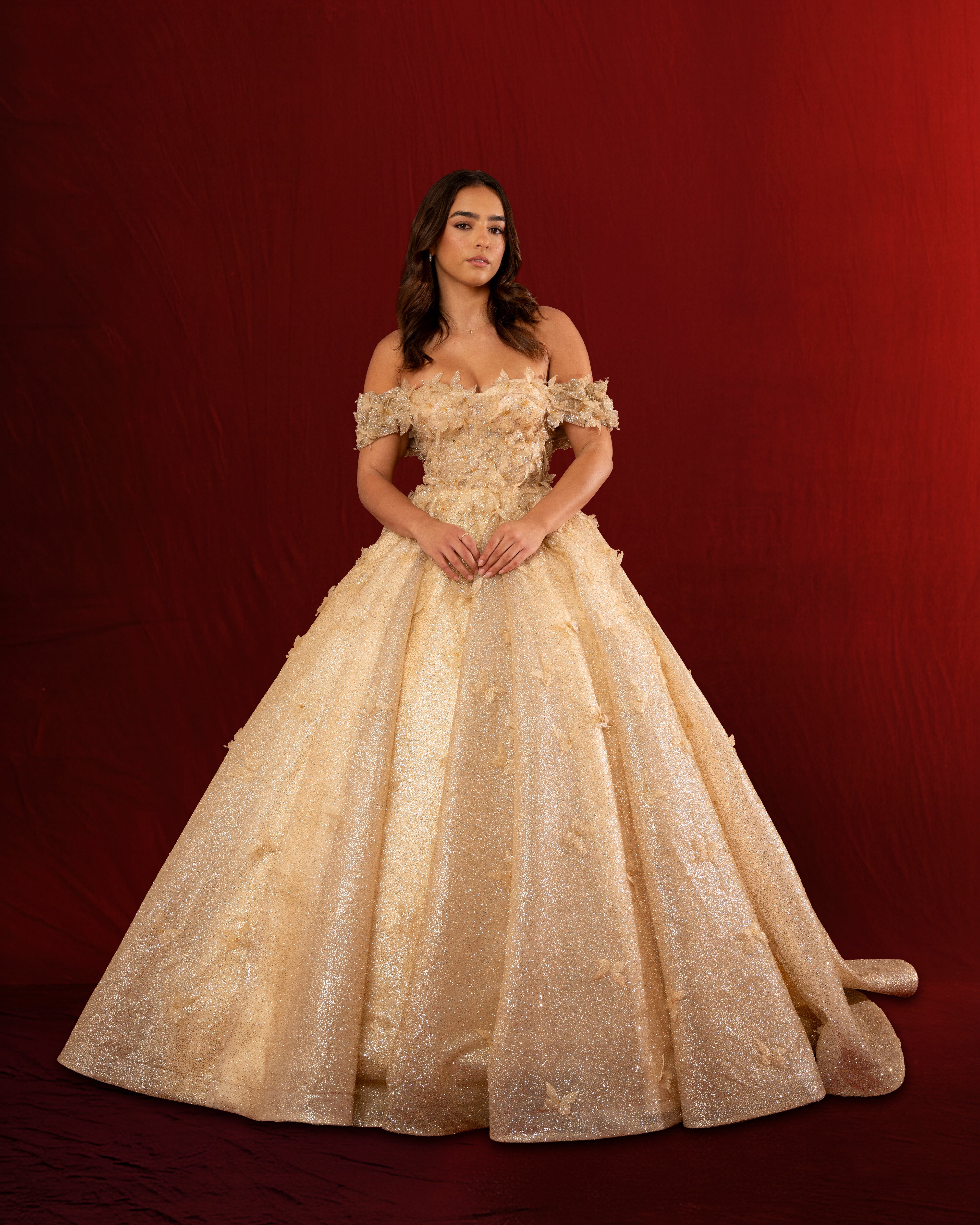 Jaylyn sparkling gold princess dress with off the shoulder sleeves and Destiny Chic Jaylyn sparkling gold princess dress with off the shoulder sleeves and Destiny Chic
