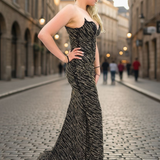 Black and gold beaded wavy neck strapless corset dres