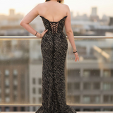 Black and gold beaded wavy neck strapless corset dres