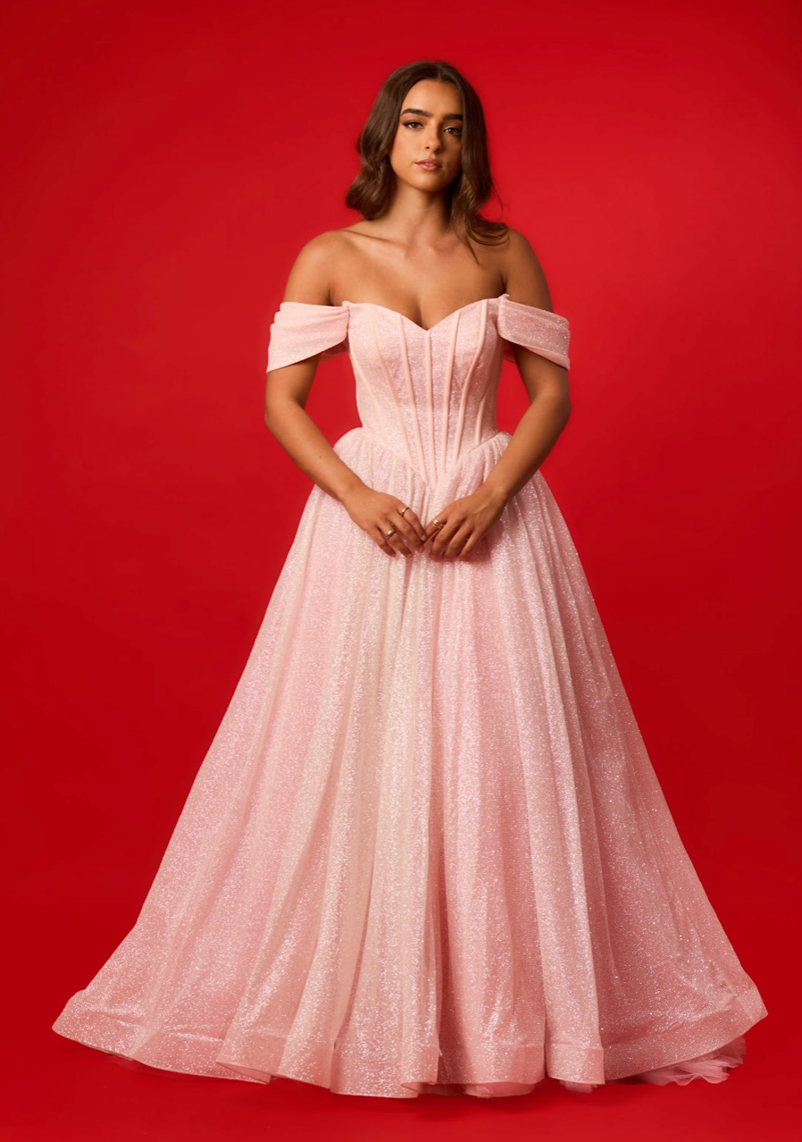 pink basque waist dress Sparkling pink Basque waist dress with off the shoulder details 10