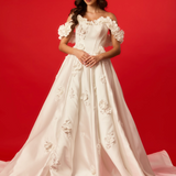 Satin wedding gown with 3D flowers, Basque waist, corset back hire