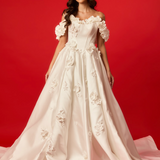 Satin wedding gown with 3D flowers, Basque waist, corset back hire