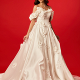 Satin wedding gown with 3D flowers, Basque waist, corset back hire
