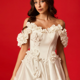 Satin wedding gown with 3D flowers, Basque waist, corset back hire