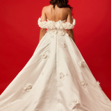Satin wedding gown with 3D flowers, Basque waist, corset back hire