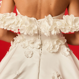 Satin wedding gown with 3D flowers, Basque waist, corset back hire