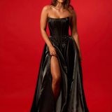 Straight neck line dress with high split