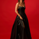 Straight neck line dress with high split