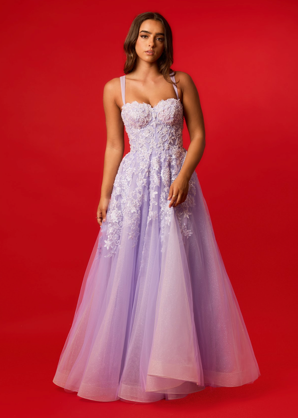 Pastel purple lace princess dress with thick straps