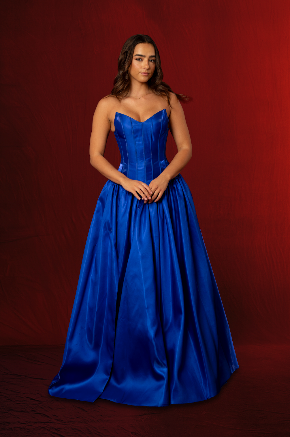 Shallow Vneck royal blue liquid taffeta drop waist dress with slit and Shallow Vneck royal blue liquid taffeta drop waist dress with slit and