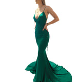 Rachel emerald green satin mermaid dress with cris-cross back