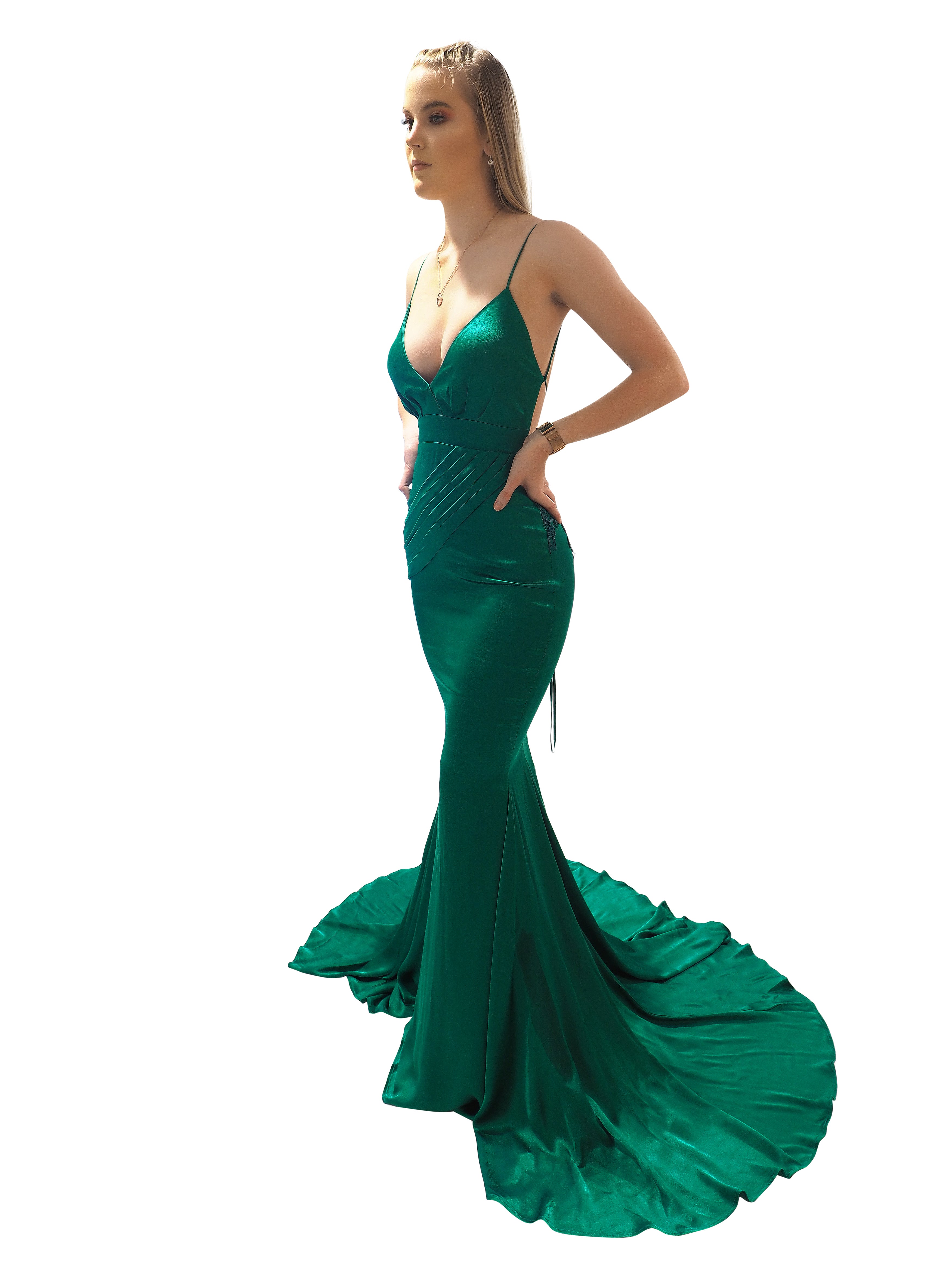 Rachel emerald green satin mermaid dress with cris-cross back Destiny Chic Rachel emerald green satin mermaid dress with cris-cross back Destiny Chic